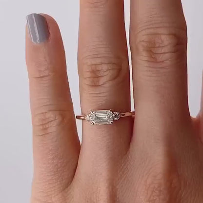 6ct Emerald cut Aquamarine stone set between two Trillion Cut Lab Grown Diamond Ring Trending Engagement Ring Designs – Perfect Wedding and Bridal Gift for Her