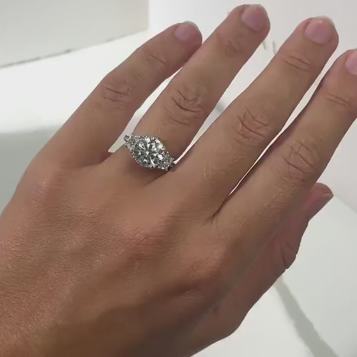 2.50TCW Round Cut Lab Grown Diamond Engagement Ring IGI Certified Vintage Three Stone Trapezoid Side Stones Bridal Wedding Ring Elegant Jewelry