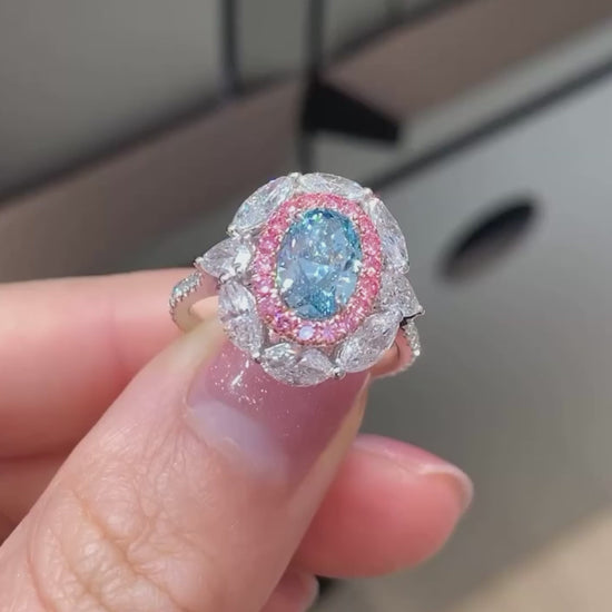 2.00 CT fancy blue oval lab grown diamond engagement ring halo setting IGI certified bridal wedding ring luxury gift for women elegant style