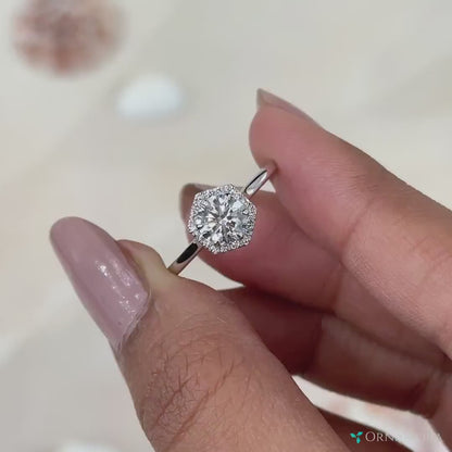 Round Lab Grown Diamond Engagement Ring | Hexagon Halo Ring | IGI Certified