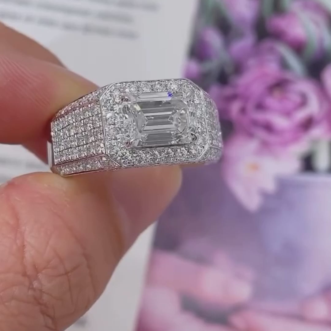 Luxury 2.00 CT emerald cut lab grown diamond men's ring, round side stones, IGI certified, engagement ring, wedding ring, bridal jewelry, diamond ring