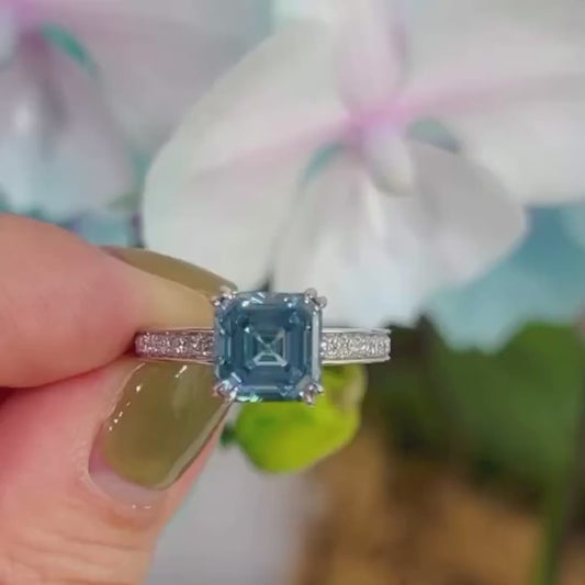 2.50 CT Fancy Blue Asscher Lab Grown Diamond Engagement Ring | IGI Certified