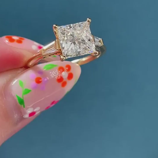 2.50ct Princess Cut Lab Grown Diamond Engagement Ring IGI Certified Cathedral Bezel Ring, Bullet Side Accents, Wedding Bridal Jewelry Gift