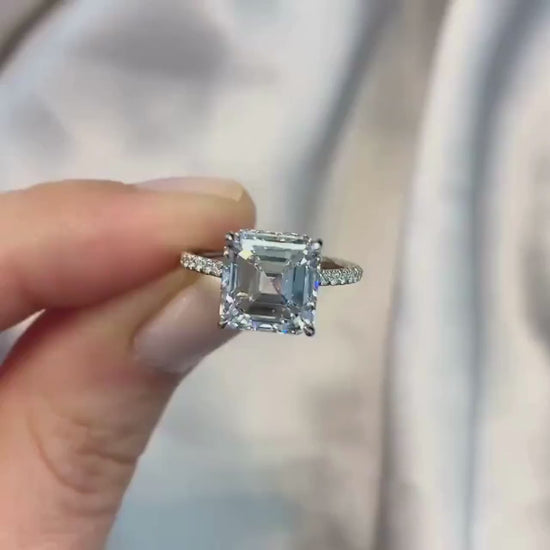 IGI certified 4.00 TCW asscher cut lab grown diamond engagement ring hidden halo design bridal wedding luxury anniversary gift elegant jewelry ring