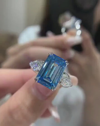 7.00 CT Fancy Blue Radiant Lab Grown Diamond Engagement Ring |Three Stone Design | IGI Certified