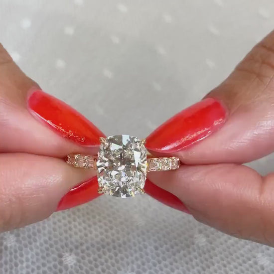 3.60 TCW cushion cut lab grown diamond engagement ring baguette pavé setting yellow gold IGI certified diamond ring bridal jewelry ring wedding engagement ring luxury engagement ring