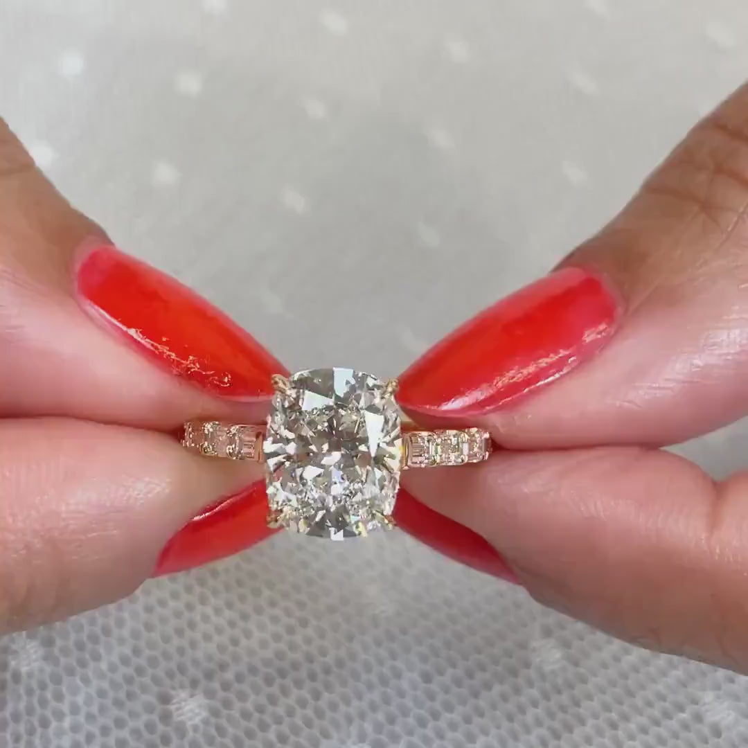 3.60 TCW cushion cut lab grown diamond engagement ring baguette pavé setting yellow gold IGI certified diamond ring bridal jewelry ring wedding engagement ring luxury engagement ring