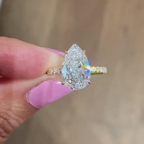 Pear 4.40 TCW lab grown diamond IGI certified engagement ring pavé design wedding ring bridal jewelry gift for her wife luxury fine jewelry style
