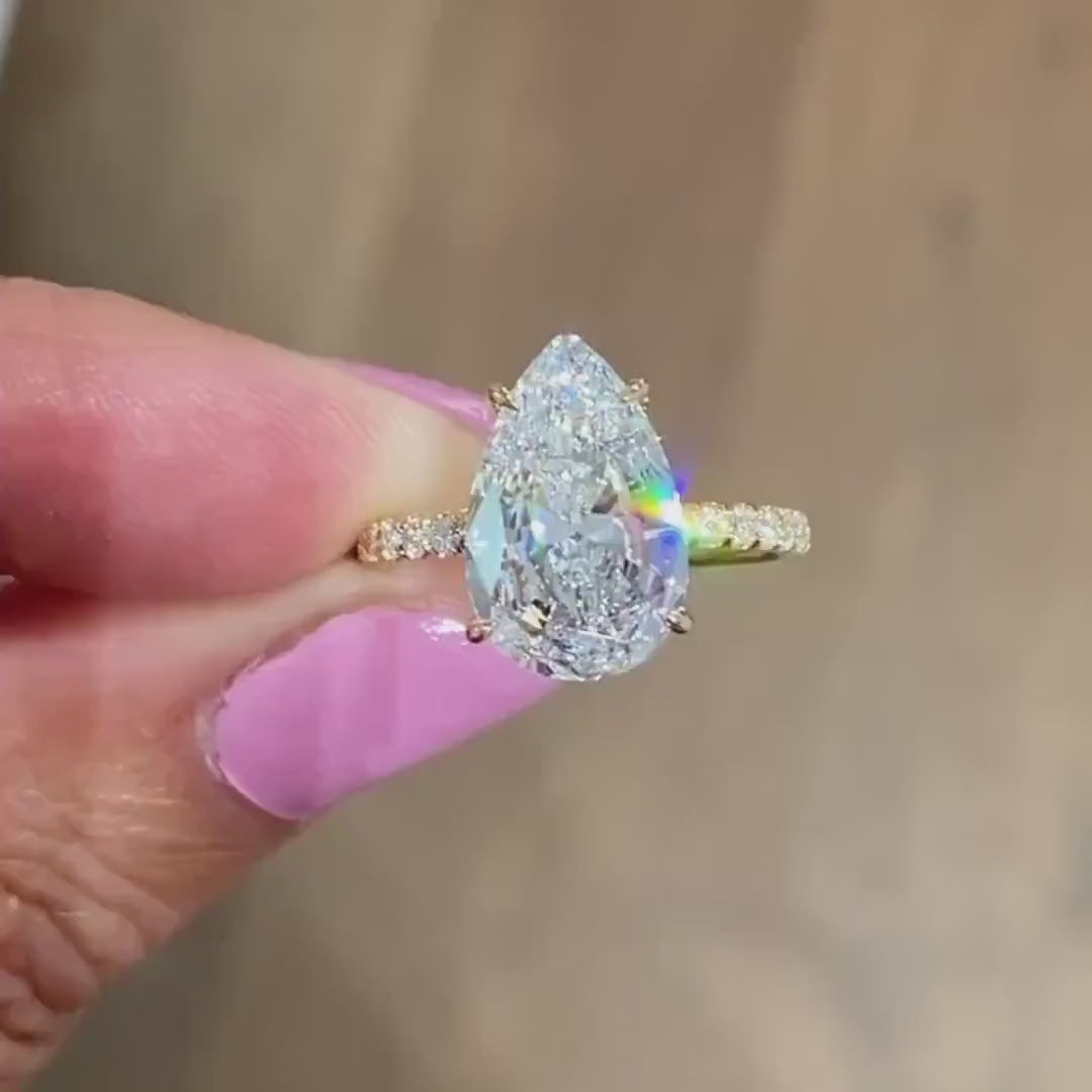 Pear 4.40 TCW lab grown diamond IGI certified engagement ring pavé design wedding ring bridal jewelry gift for her wife luxury fine jewelry style
