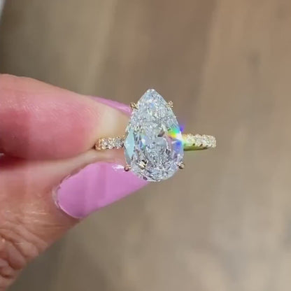 Pear 4.40 TCW lab grown diamond IGI certified engagement ring pavé design wedding ring bridal jewelry gift for her wife luxury fine jewelry style
