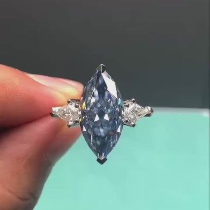 10.00 CT Fancy Blue Marquise Lab Grown Diamond Engagement Ring | Three Stone Ring | IGI Certified