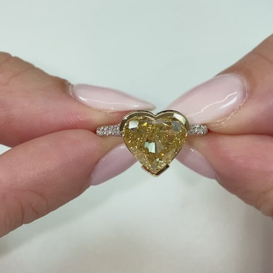 Fancy yellow heart 4.50 TCW lab grown diamond IGI certified engagement ring semi bezel cathedral design wedding ring bridal jewelry gift for her
