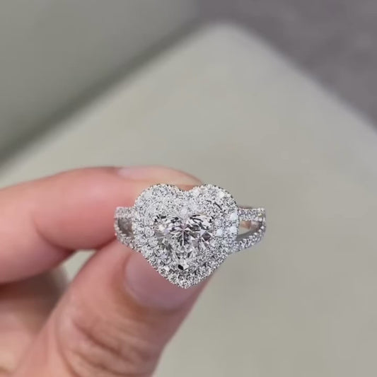 1.50 CT Heart Cut Lab Grown Diamond Engagement Ring | Double Halo & Split Shank Design | IGI Certified
