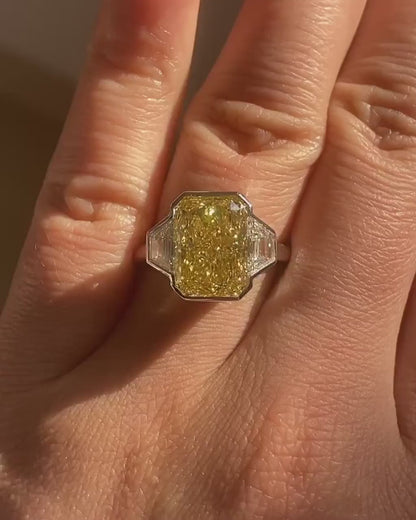 7.00 CT Fancy Yellow Radiant Lab Grown Diamond Ring | Baguette Side Stones (2.00 CT) | Three Stone Ring | IGI Certified