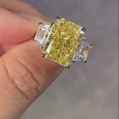 11.00 CT Fancy Yellow Radiant Lab Grown Diamond Engagement Ring | Statement Three Stone Ring | IGI Certified