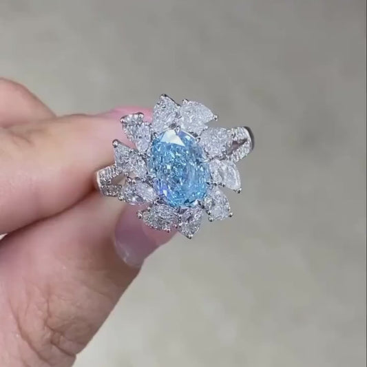 3.00 CT Fancy Blue Oval Lab Grown Diamond Engagement Ring | Halo Ring | IGI Certified