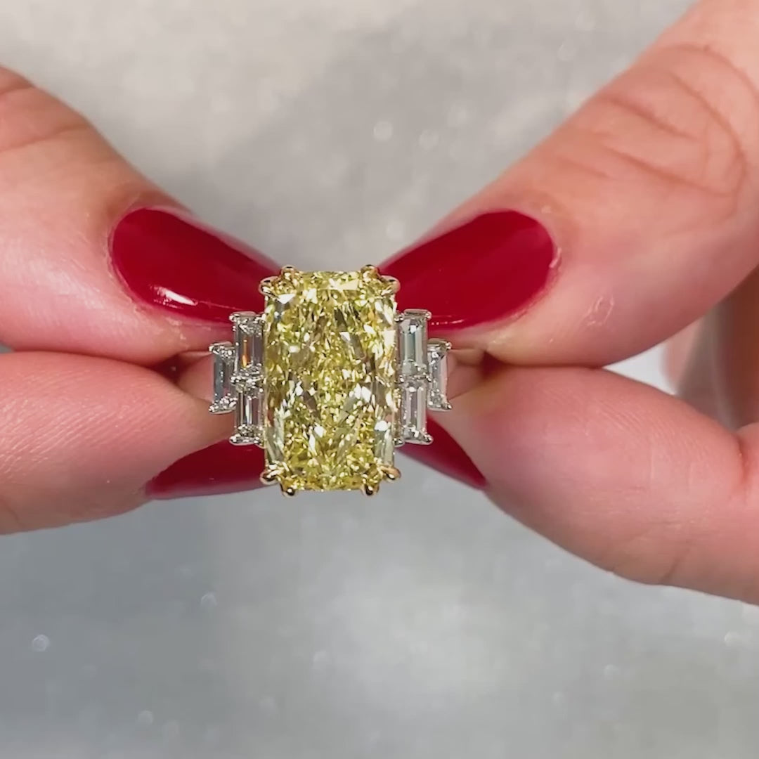 Fancy Yellow Radiant Cut Lab Grown Diamond Three Stone Engagement Ring 6.00 TCW IGI Certified Luxury Bridal Wedding Jewelry Gift for Her Women
