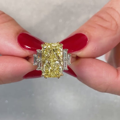 Fancy Yellow Radiant Cut Lab Grown Diamond Three Stone Engagement Ring 6.00 TCW IGI Certified Luxury Bridal Wedding Jewelry Gift for Her Women