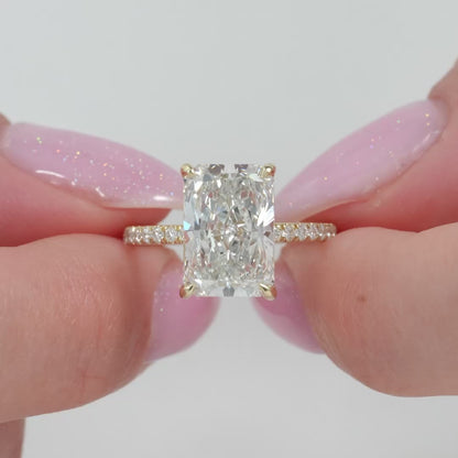 4.50ct Radiant Cut Lab Grown Diamond Solitaire Ring With Pave Band & Hidden Halo