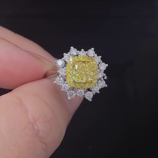 2.30 TCW Fancy Yellow Cushion Lab Grown Diamond Engagement Ring | Double Halo Ring | IGI Certified