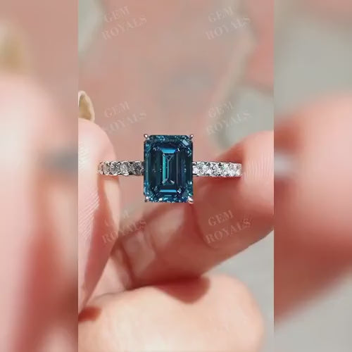 6.00 CT Fancy Blue Emerald Lab Grown Diamond Engagement Ring | Hidden Halo Design | IGI Certified