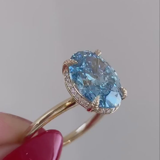 3.30 tcw blue oval lab grown diamond ring hidden halo engagement ring IGI certified wedding ring bridal jewelry luxury elegant design