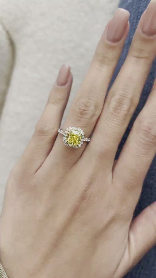 4.00 CT Fancy Yellow Cushion Lab Grown Diamond Engagement Ring | Halo Design | IGI Certified