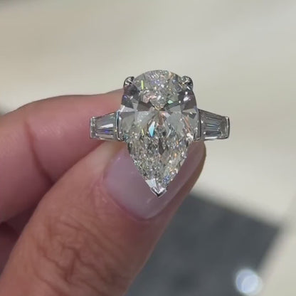 7.00 CT Pear Lab Grown Diamond Engagement Ring | Three Stone with Baguette Sides | IGI Certified