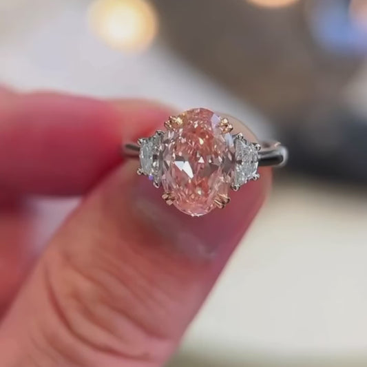 Fancy pink oval 3.00 TCW lab grown diamond three stone ring, IGI certified engagement ring, romantic bridal jewelry, luxury wedding ring gift
