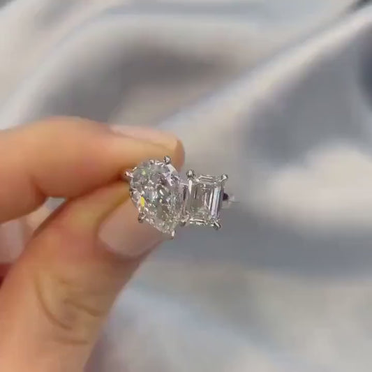 3.00 TCW Pear and Emerald Lab Grown Diamond Engagement Ring | Toi Et Moi Ring | IGI Certified