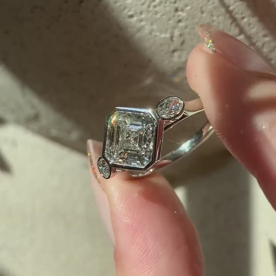 2.80TCW Asscher lab grown diamond engagement ring IGI certified full bezel design bridal ring luxury sustainable fine jewelry
