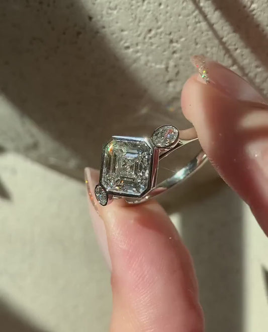 2.80TCW Asscher lab grown diamond engagement ring IGI certified full bezel design bridal ring luxury sustainable fine jewelry