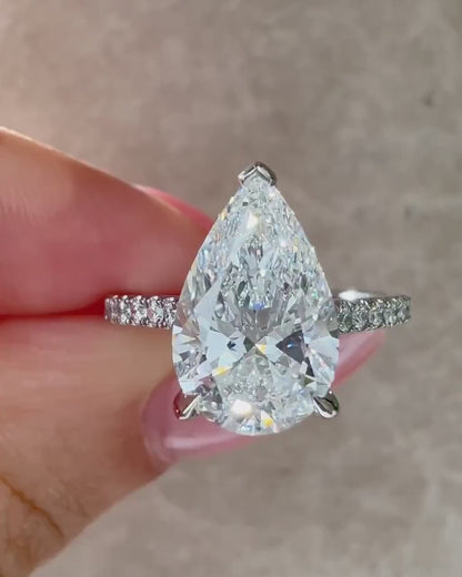 4.0ct Pear Cut With Pave Band Hidden Halo Lab Grown Diamond Ring Classic Minimalist Engagement Ring, Wedding Ring, Marriage Gift for Her/Women