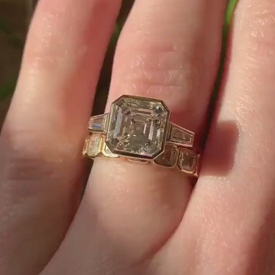 3.50ct Asscher cut lab grown diamond engagement ring IGI certified, full bezel side taper setting, pavé inspired luxury bridal sustainable jewelry