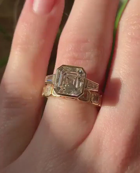 3.50ct Asscher cut lab grown diamond engagement ring IGI certified, full bezel side taper setting, pavé inspired luxury bridal sustainable jewelry