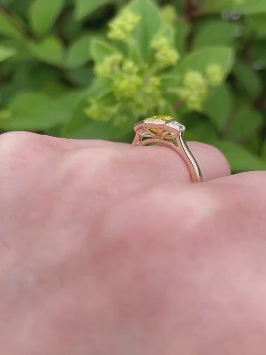 1.50 TCW Fancy Yellow Emerald Lab Grown Diamond Engagement Ring | Three Stone Ring | IGI Certified