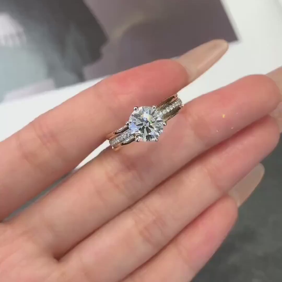 Round cut lab grown diamond ring, yellow gold engagement ring, white gold prong setting, IGI certified wedding ring for her