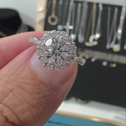 1.00CT Round Lab Grown Diamond Engagement Ring | Halo Cathedral Setting | IGI Certified