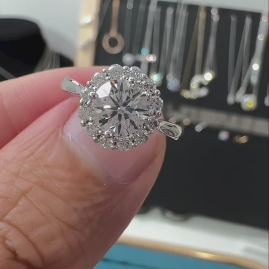 1.15TCW Round Lab Grown Diamond Engagement Ring | Halo Cathedral Setting | IGI Certified