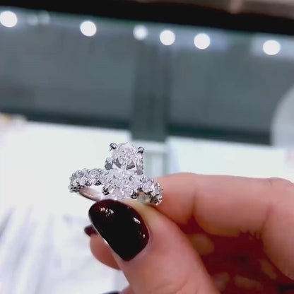 4.00 CT Oval Lab Grown Diamond Engagement Ring | Hidden Halo & Pavé Band | IGI Certified