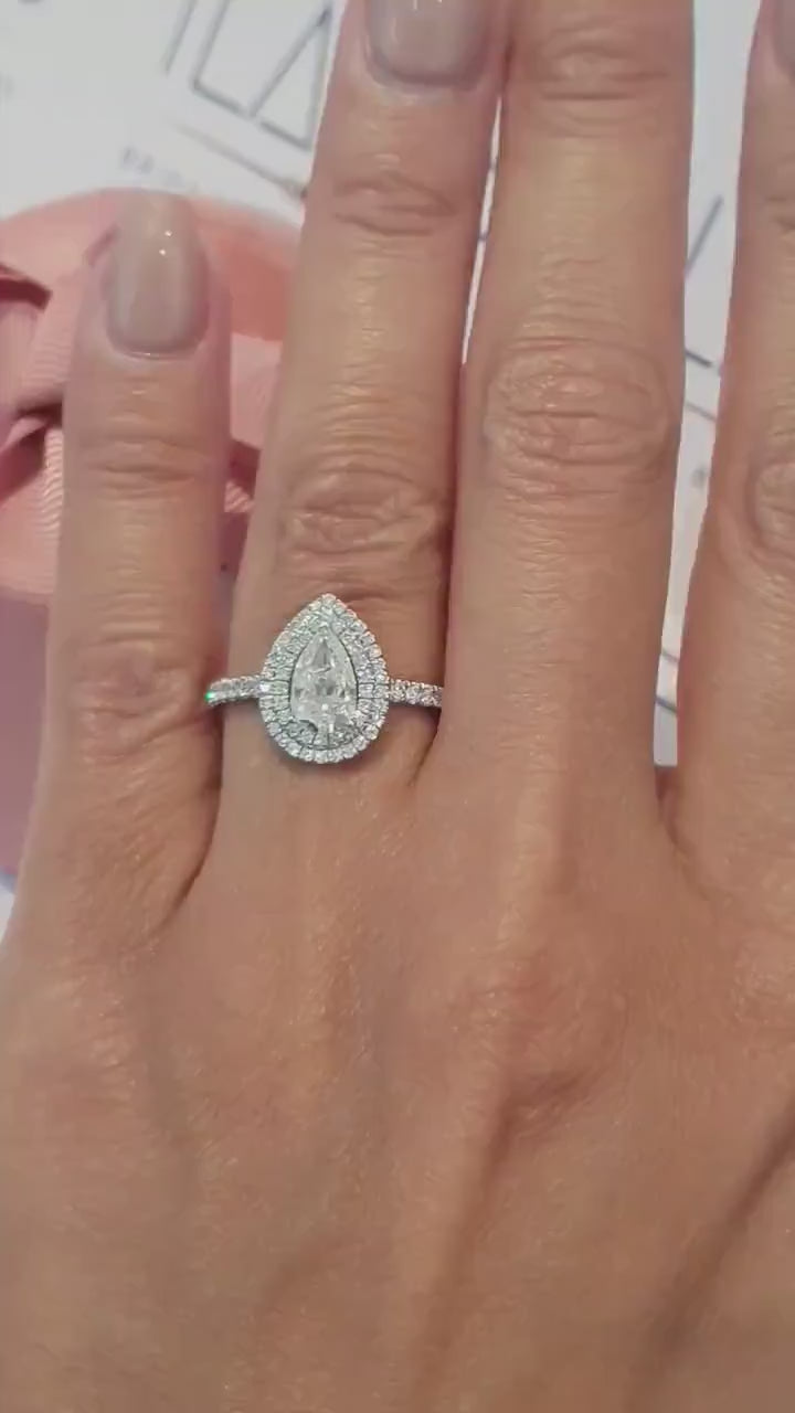 3.00 CT pear cut lab grown diamond engagement ring halo pavé setting IGI certified wedding bridal ring elegant luxury jewelry for women gift item