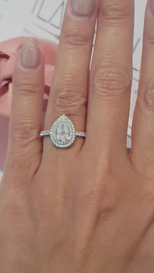 3.50 TCW pear cut lab grown diamond engagement ring halo pavé setting IGI certified wedding bridal ring elegant luxury jewelry for women gift item