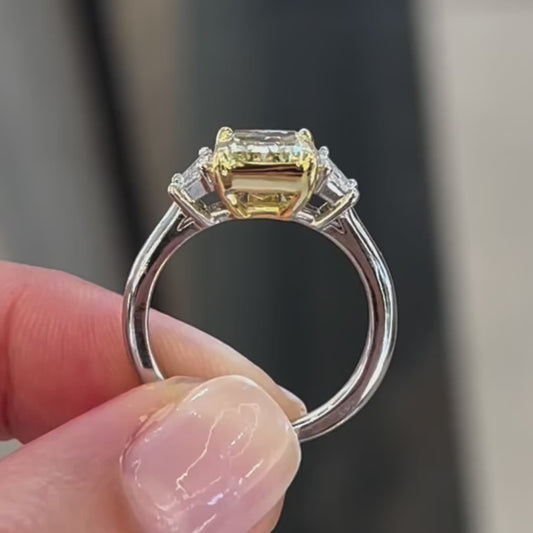 3.50 TCW Fancy Yellow Radiant Lab Grown Diamond Engagement Ring | Three Stone Ring | IGI Certified