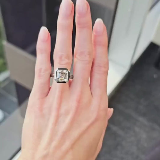 IGI certified 5.10 CT Asscher cut lab created diamond ring, bezel setting with pavé halo, luxury engagement ring for her