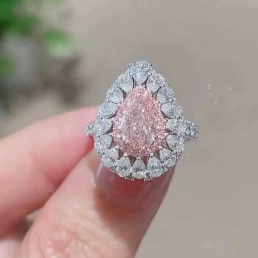 4.50 TCW Fancy Pink Pear Lab Grown Diamond Engagement Ring | Halo Ring | IGI Certified