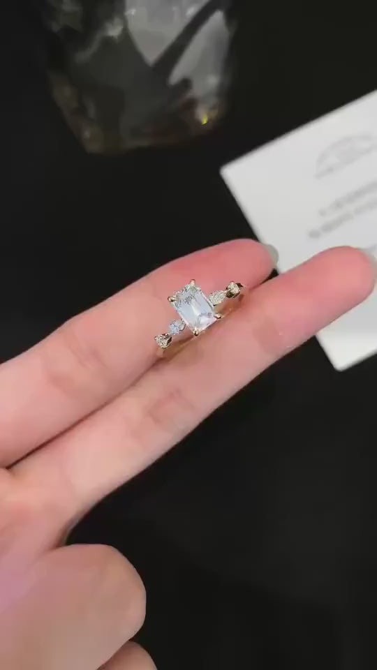 2.20 TCW emerald cut lab grown diamond engagement ring marquise round side stones IGI certified bridal wedding ring promise ring sustainable ethical luxury