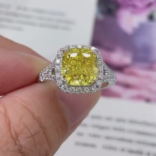 Luxury 3.50 TCW fancy yellow square cushion lab grown diamond engagement ring, IGI certified, split shank halo ring, bridal wedding jewelry ring