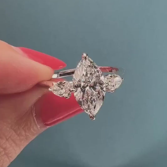 Luxury 3.50 TCW marquise lab grown diamond engagement ring, IGI certified, three stone setting, bridal wedding jewelry diamond ring design