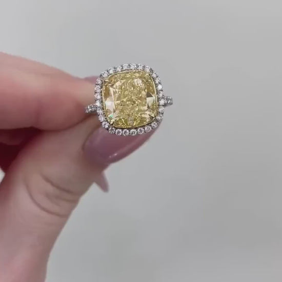 Fancy Yellow Cushion Lab Grown Diamond Halo Engagement Ring 6.00 CT with Pavé Band IGI Certified Luxury Bridal Wedding Jewelry Gift for Her Women