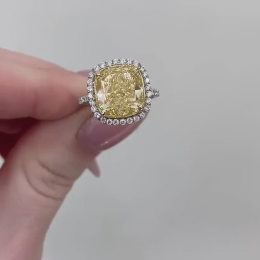 Fancy Yellow Cushion Lab Grown Diamond Halo Engagement Ring 6.50 TCW with Pavé Band IGI Certified Luxury Bridal Wedding Jewelry Gift for Her Women